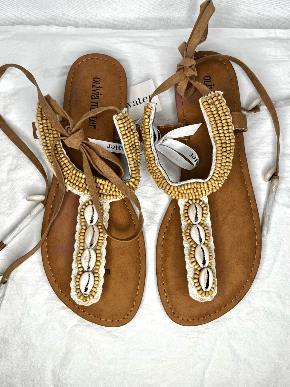 🏝️ Everything But Water Olivia Miller Beaded Shell Ankle Tie Sandals NWT Sz 9 🐚